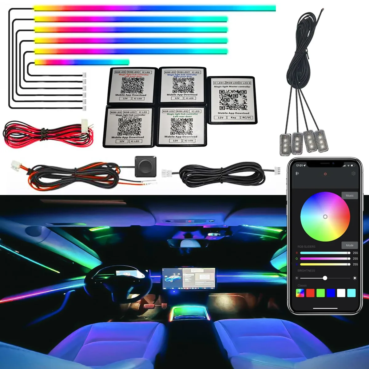  Dreamcolor Acrylic Interior Car LED Strip Light, 16 Million Colors, App &amp; Touch Control, 6 Strips, 12V — product photo