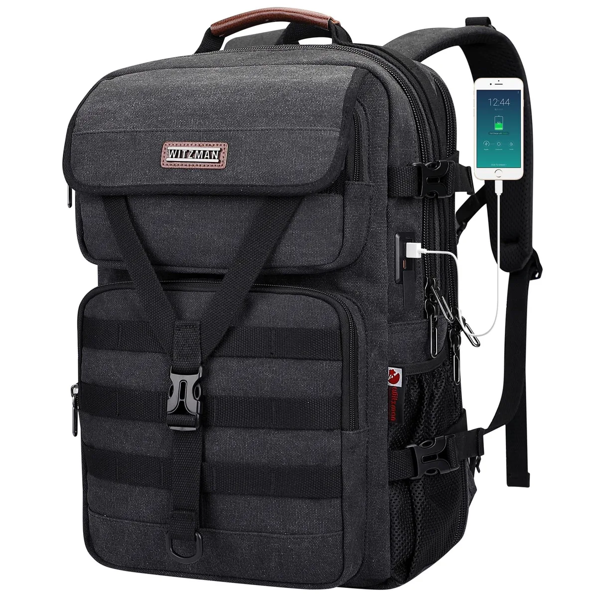 Black recycled canvas travel backpack with 16-inch laptop compartment and USB port