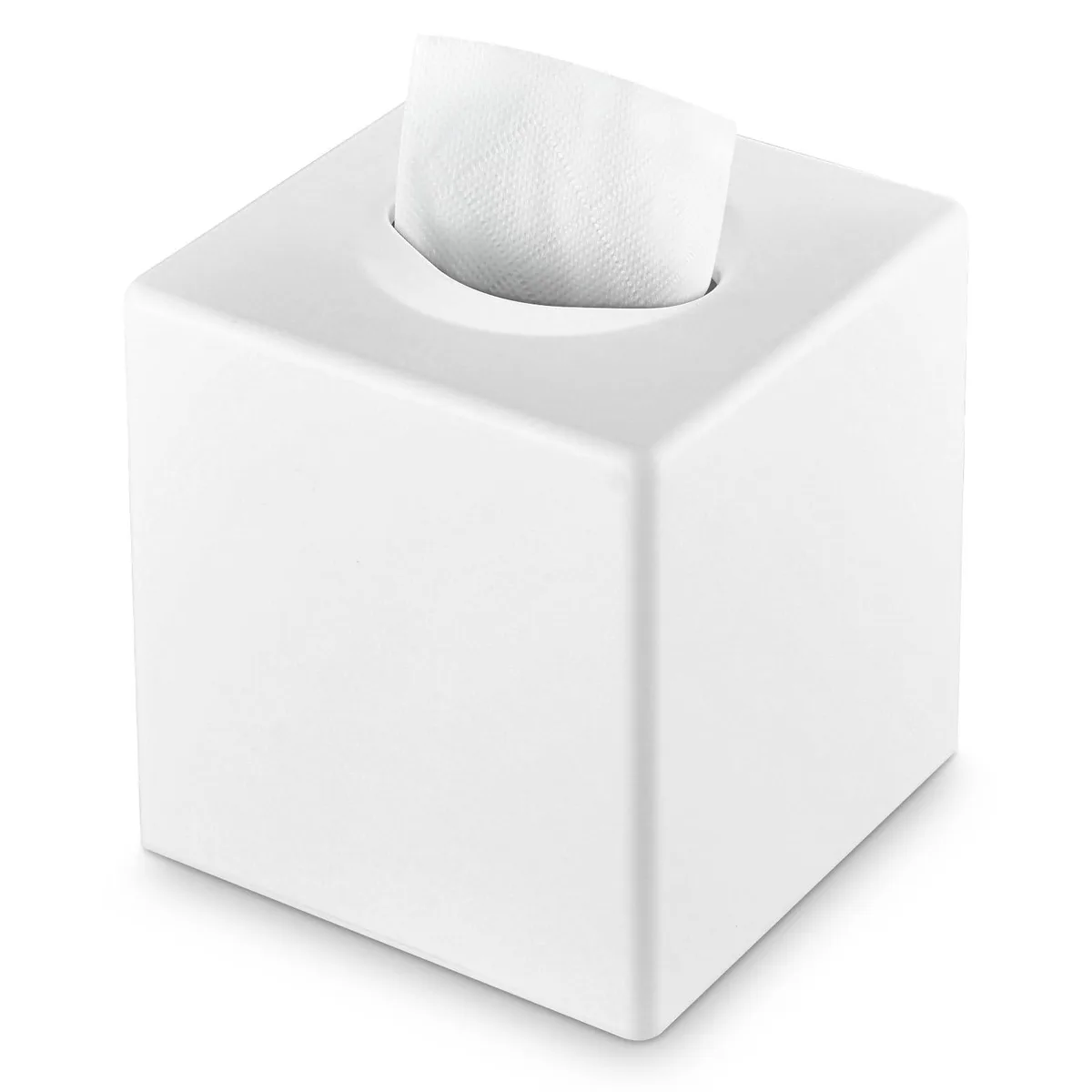 White square ABS tissue box cover, 5.1 by 5.5 inches, rounded edges, olive-shaped opening, nesting bottom tray