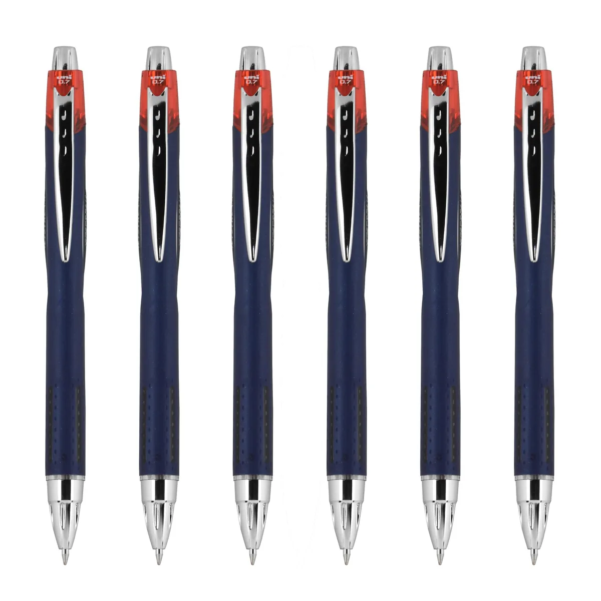 Six red retractable ballpoint pens with silver accents and textured grips