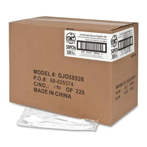 Genuine Joe Genuine Joe 58926 Utensil Kit Knife Fork Spoon Napkin 250 White — product photo