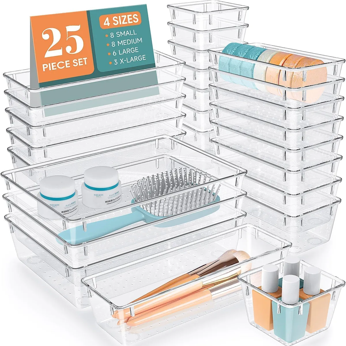 Twenty-five clear plastic drawer bins in four sizes, 1.8 inches high