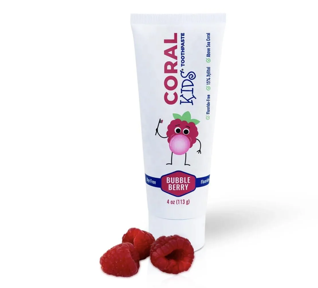 White 4 oz tube of Coral White Kids Bubble Berry toothpaste with berry flavour labelling