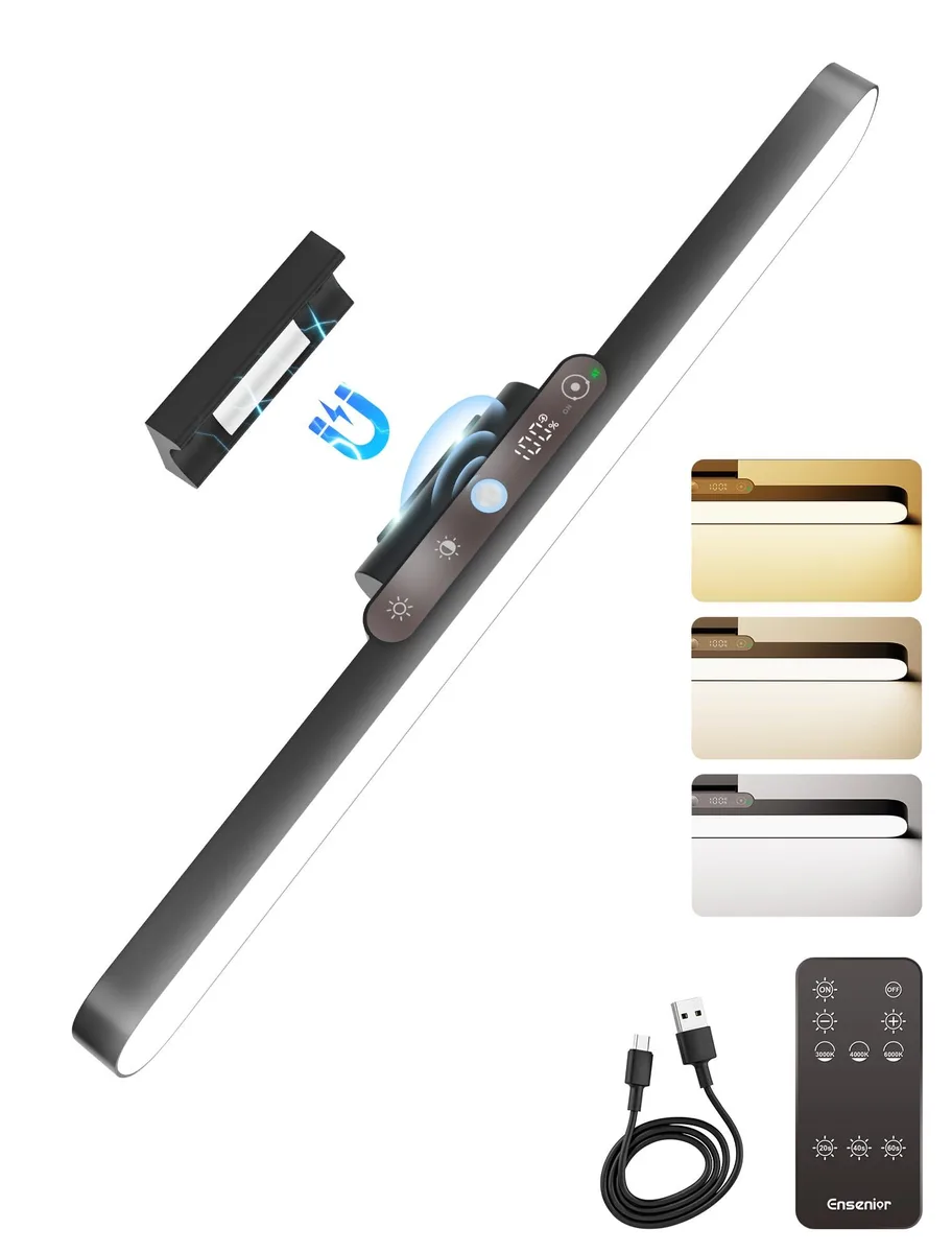 A 14 inch rechargeable LED light bar with magnetic base, remote control and Type-C charging cable