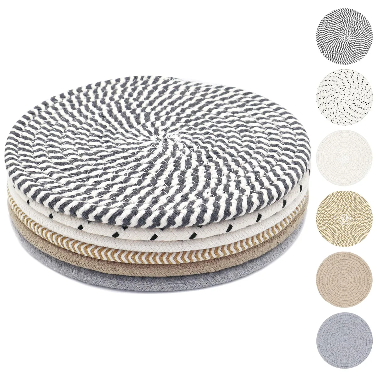 Six round cotton rope trivets, natural beige, coiled texture, 20 cm diameter