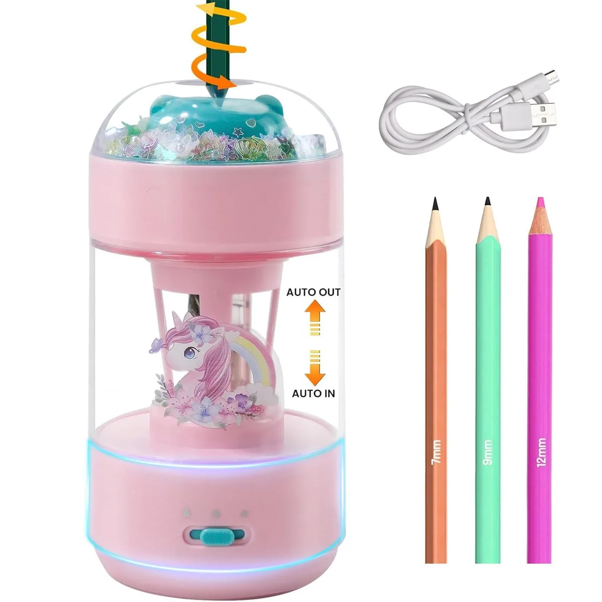 Pink electric pencil sharpener with alloy steel rollers, compact rectangular shape