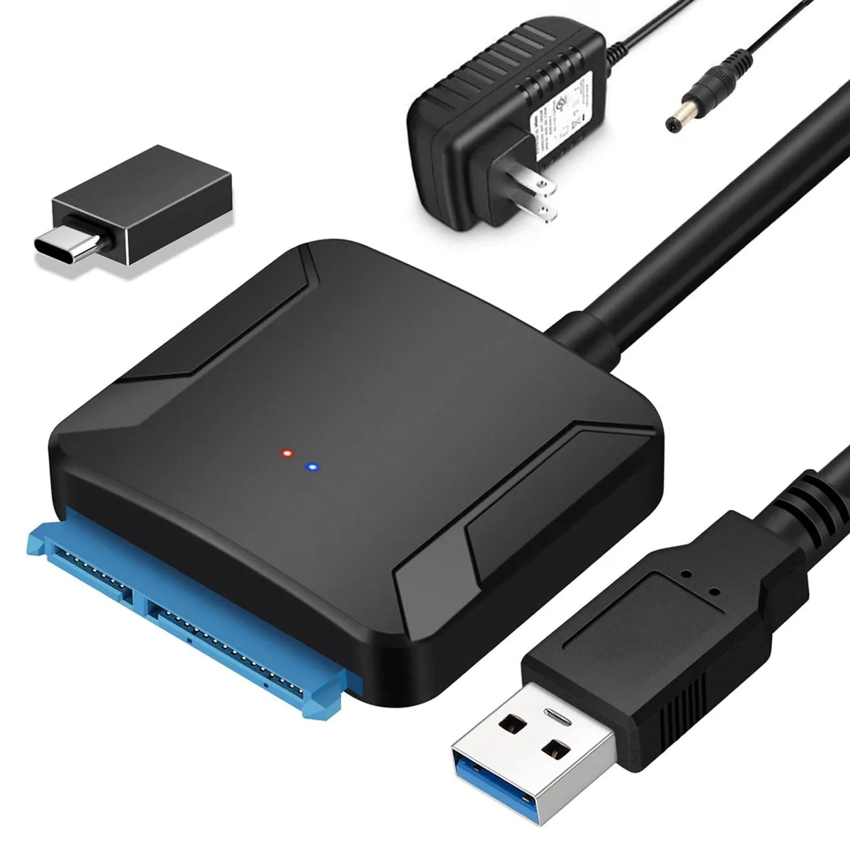 Black SATA to USB 3.0 adapter cable with power supply connector