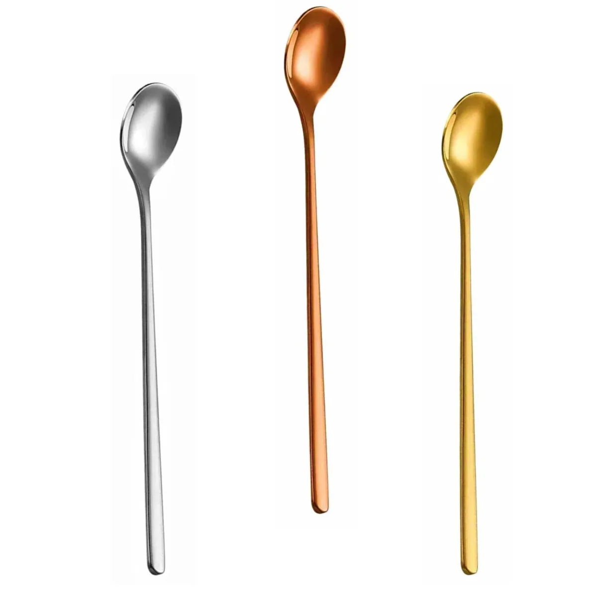 Thirteen stainless steel long-handle teaspoons in gold, silver and rose gold, 6.7 inches each