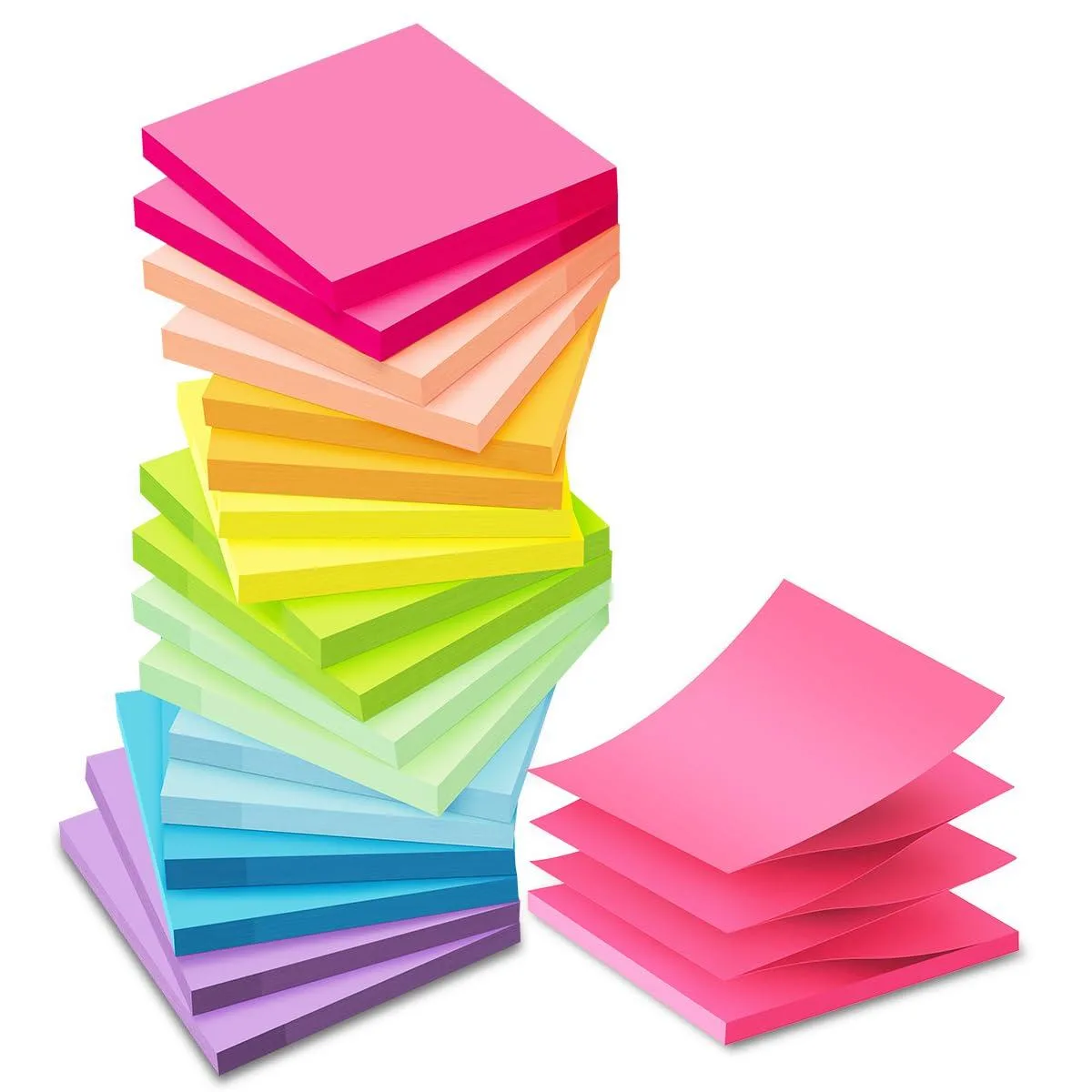 Eighteen square pop-up sticky note pads in bright colors, 3 by 3 inches each