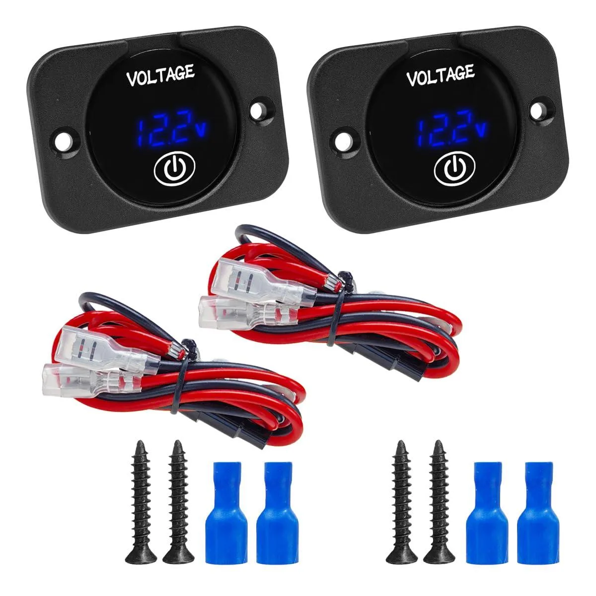 Two round black voltmeters with blue LED displays, panel-mount bezels, wiring harnesses, screws and rubber boots