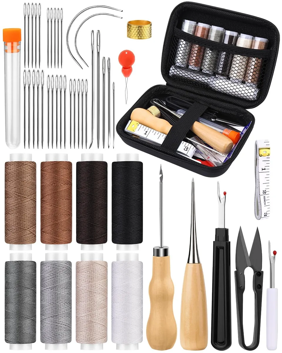 Royal blue zippered storage bag containing 50-piece upholstery repair kit with threads needles awls and tools