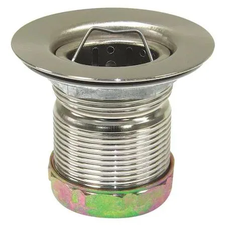 Silver stainless steel sink strainer with round perforated grate and threaded connection