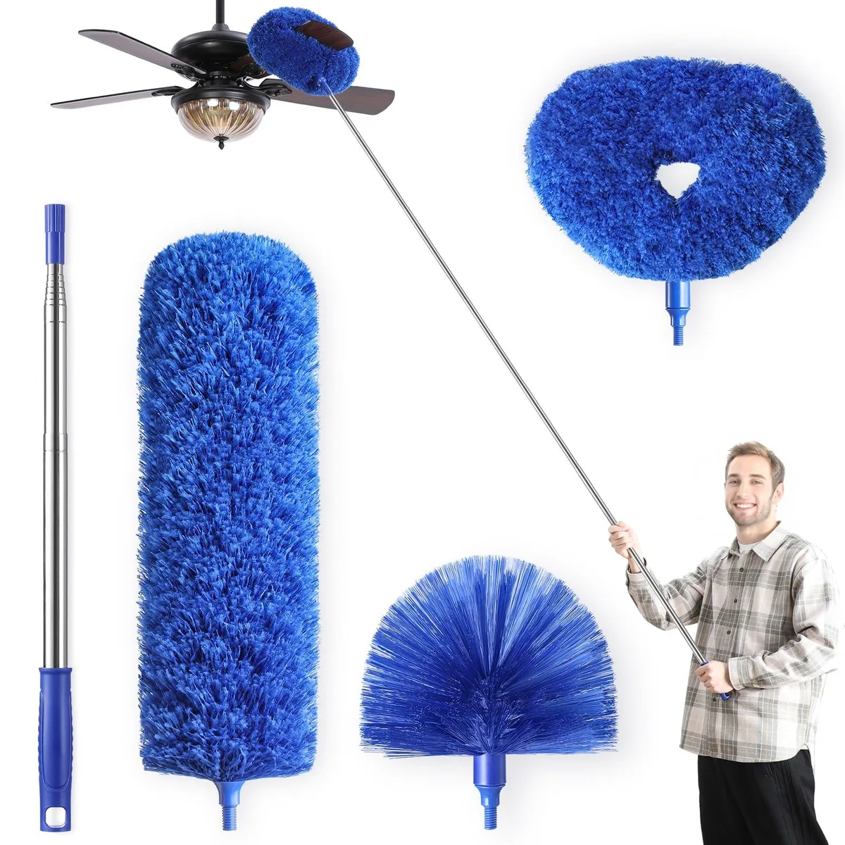Blue telescoping pole with three microfiber duster heads attached