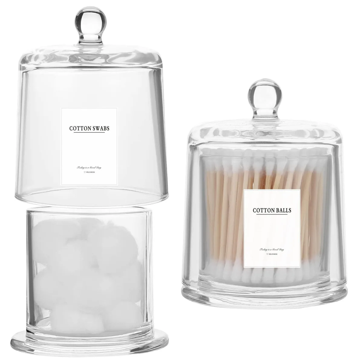  rejomiik 2 Pack Qtip Holder Thick Glass Apothecary Jars with Lid Clear 3.31" x 4.41 — product photo