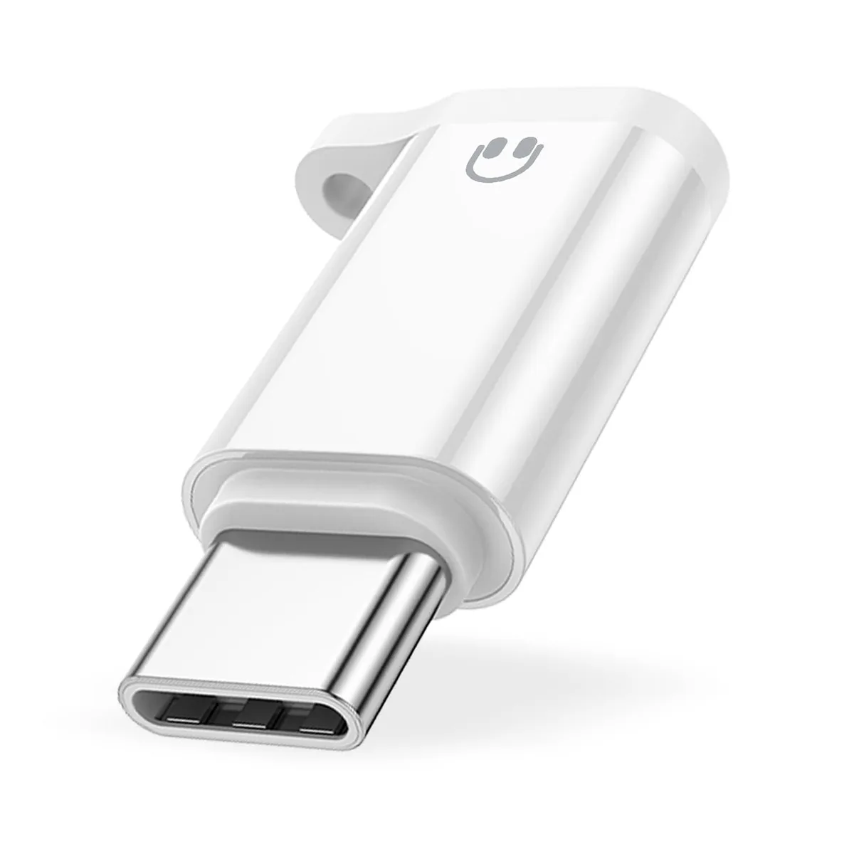 White USB-C male to Lightning female audio adapter with aluminium shell