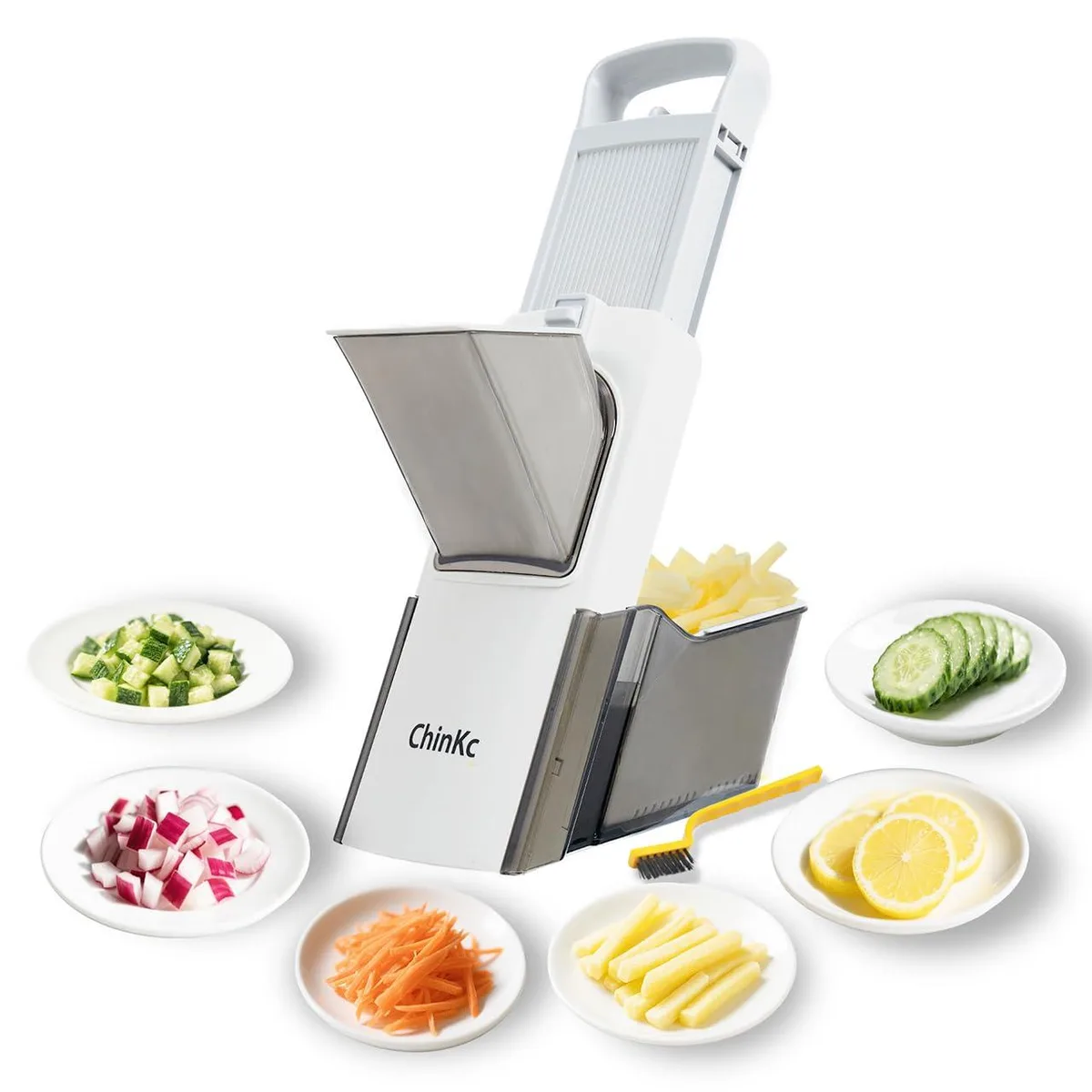 White mandoline slicer with integrated draining basket, adjustable blade settings, 420 stainless steel construction