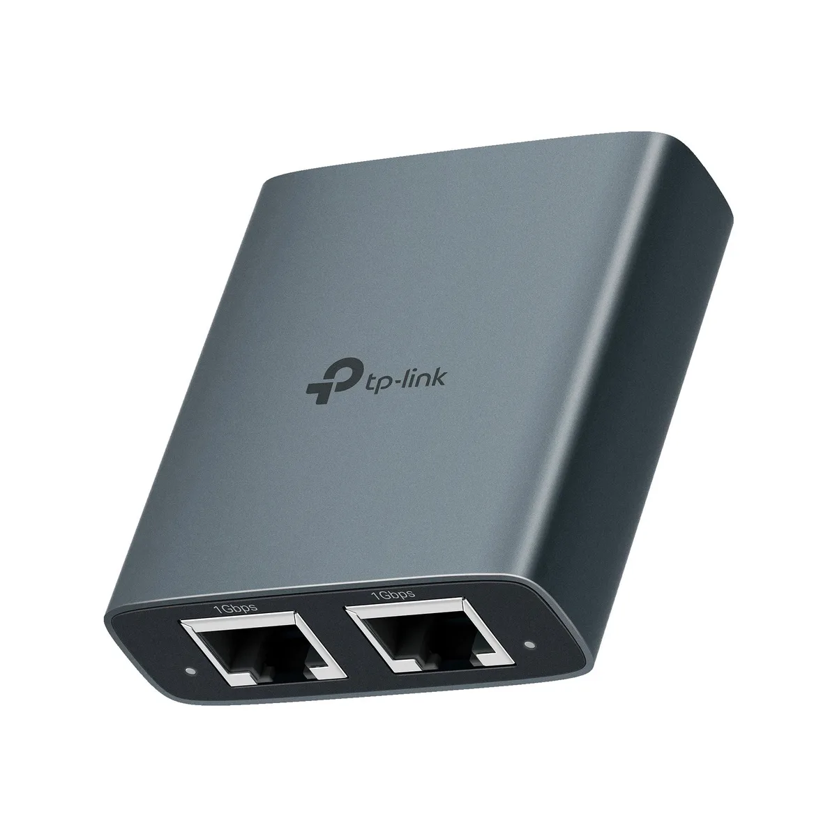 Black aluminum Ethernet splitter with dual RJ45 ports and USB-C power input