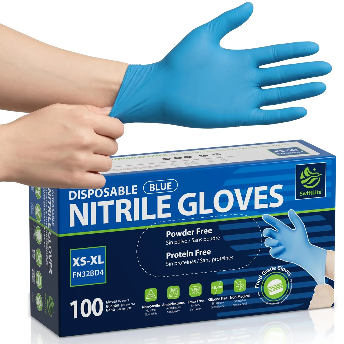 A box of 100 blue nitrile gloves, medium size, disposable