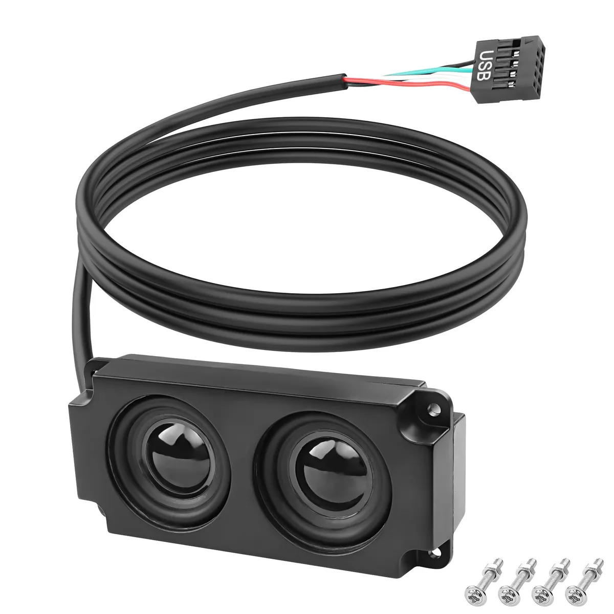 A pair of small black internal speakers with 9-pin USB connectors and adhesive backing
