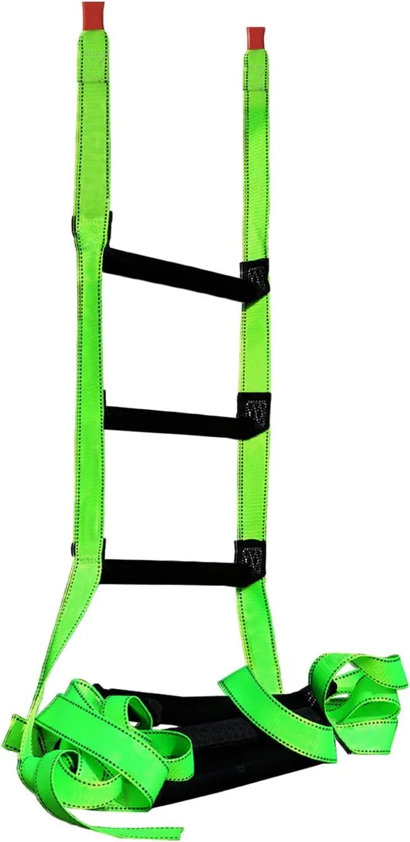 Fluorescent green 16.5 foot rope ladder with solid wood steps and two hooks