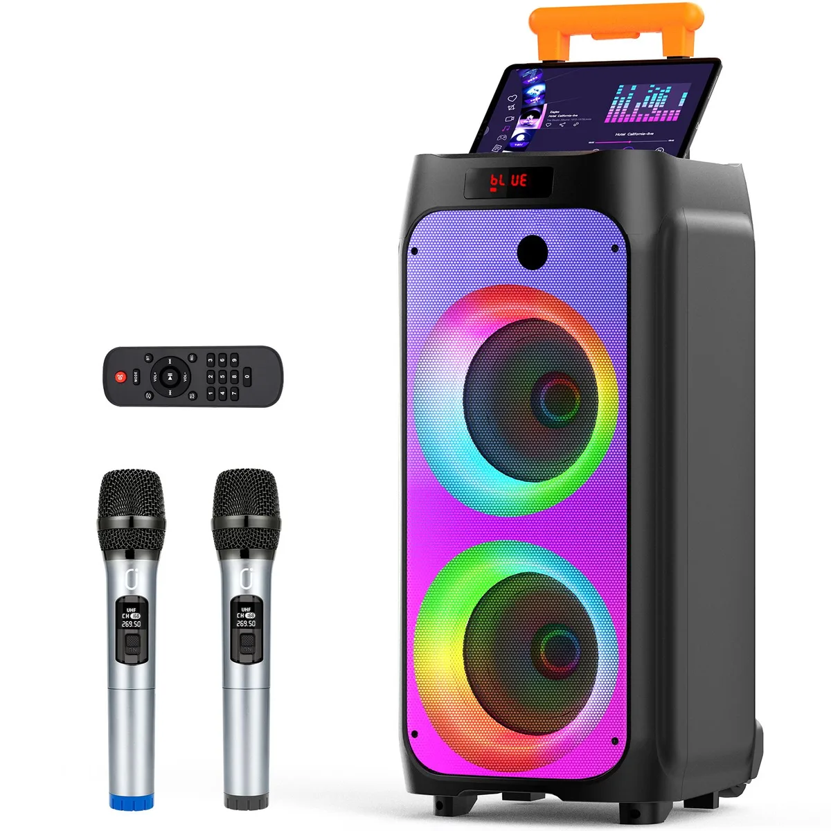 JYX JYX JYX-T8 500W karaoke system with 2 UHF wireless microphones, Bluetooth 5.0, RGB lights, wheels and handle — product photo