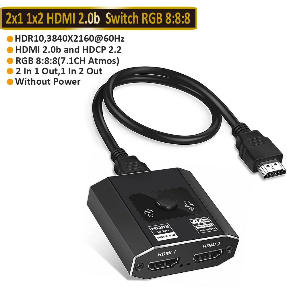 AUBEAMTO AUBEAMTO Bi-Directional HDMI Video Switch 2×1 / 1×2 4K@60Hz Aluminium Black — product photo