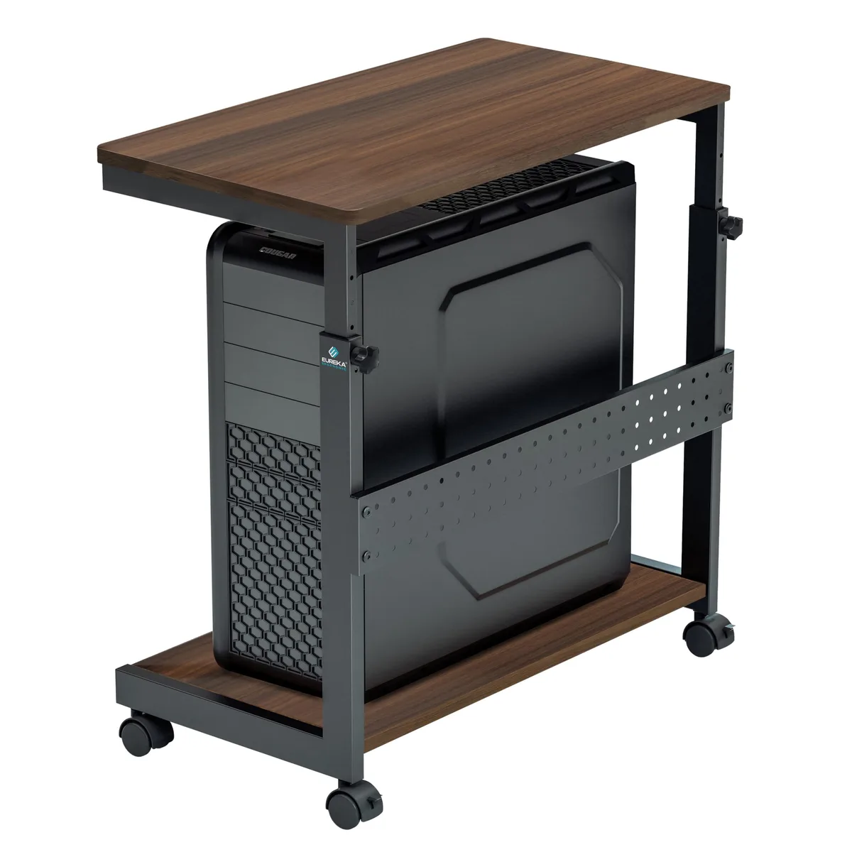 Walnut-finish two-tier PC cart on four braked castors, height-adjustable steel frame