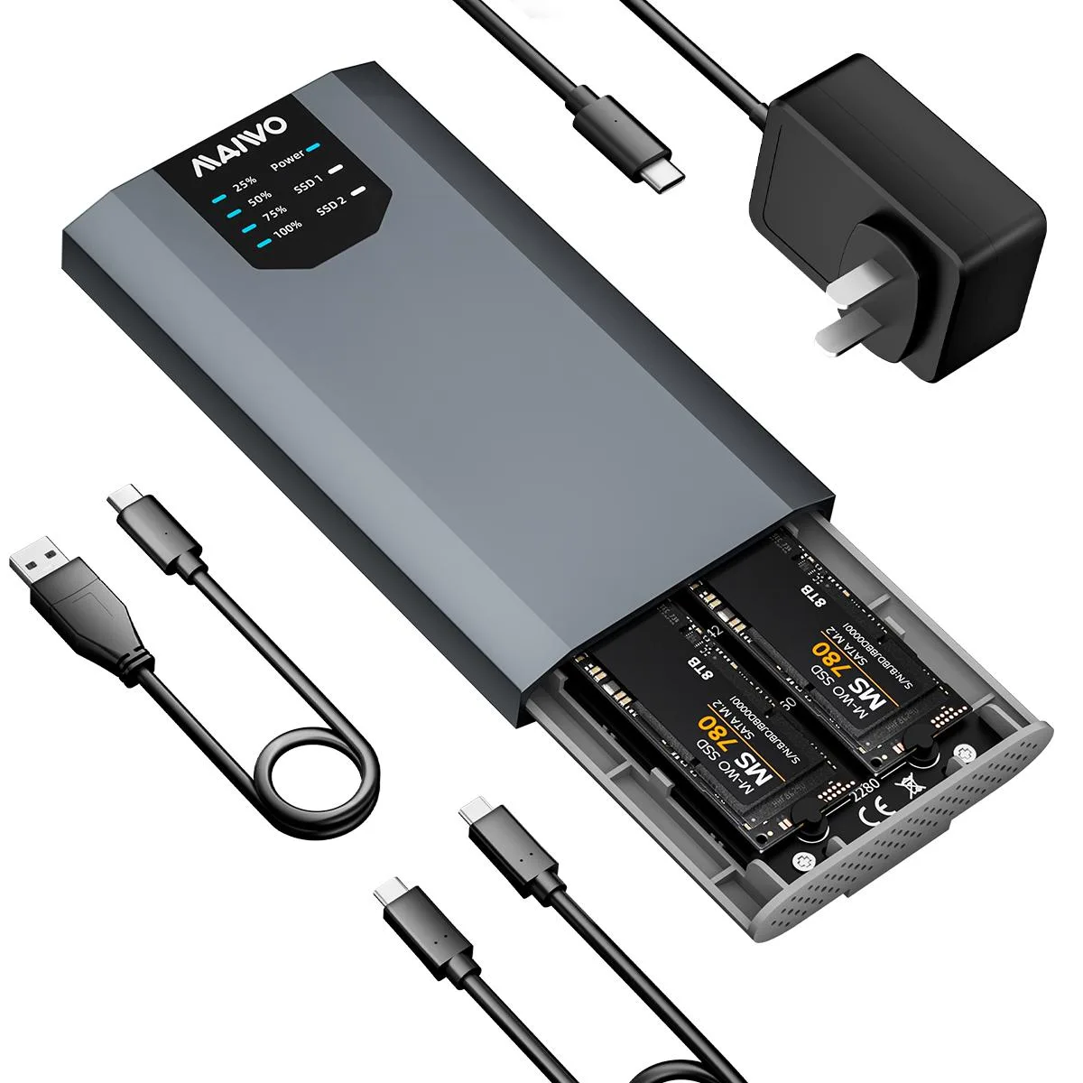 MAIWO MAIWO Dual-Bay M.2 SATA SSD Enclosure Cloner USB 3.1 Gen2 6Gbps — product photo