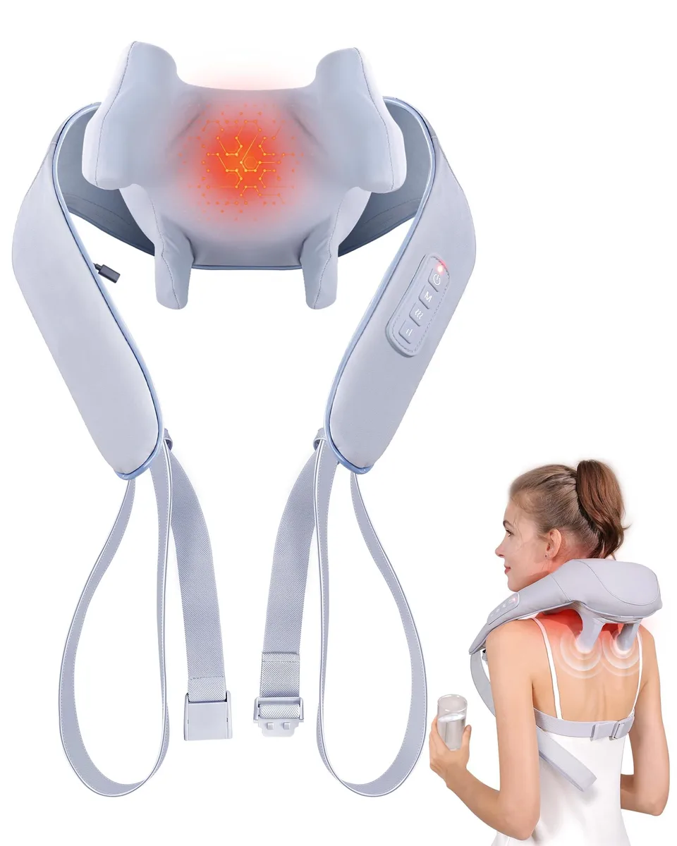 Grey U-shaped neck massager with faux leather finish and rechargeable battery