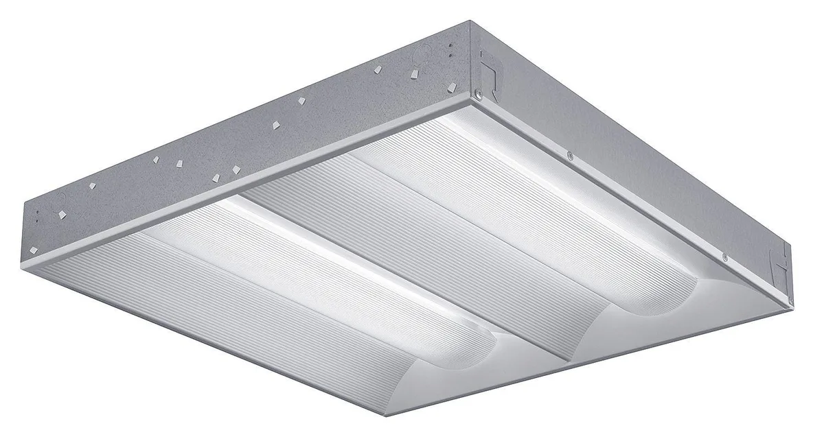 Square recessed LED troffer with center basket lens, white finish