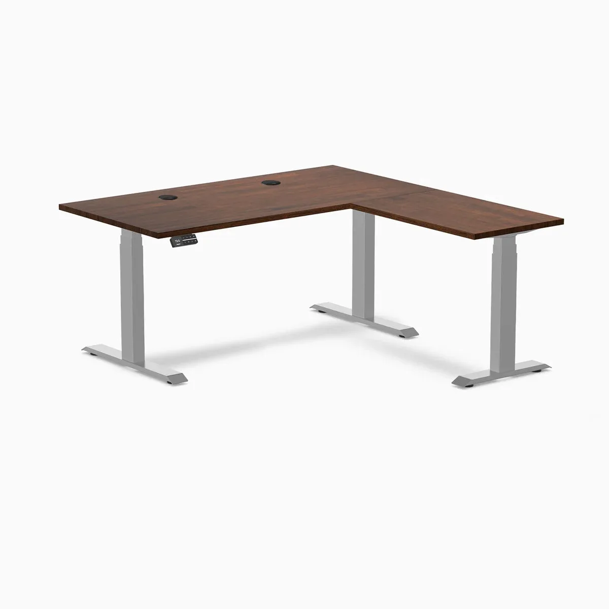 Desky Desky Rubberwood L-Shape Sit Stand Desk Red Walnut Grey 60x30x62x20 in with Grommets — product photo