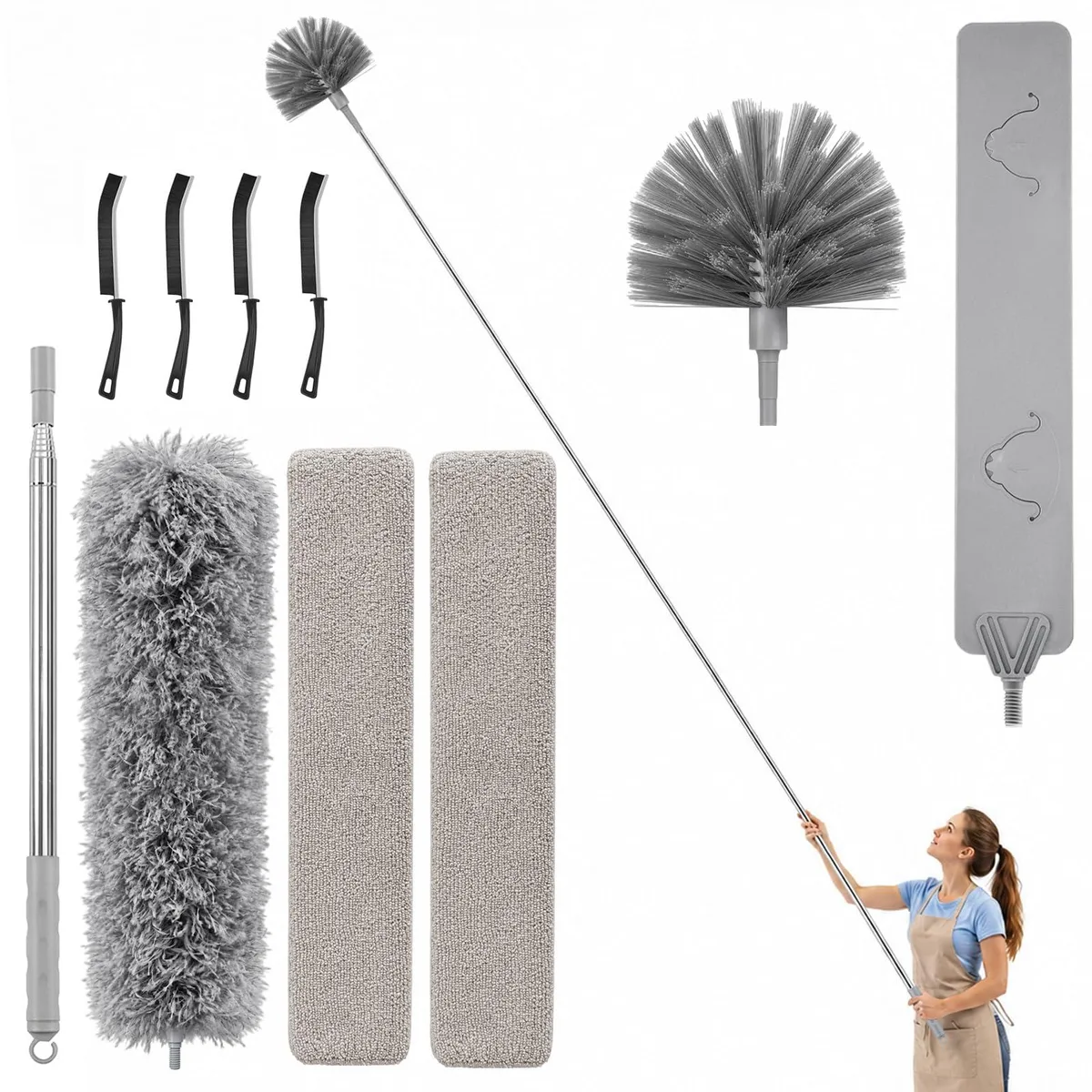 A 100-inch extendable duster pole with microfiber heads and crevice brushes