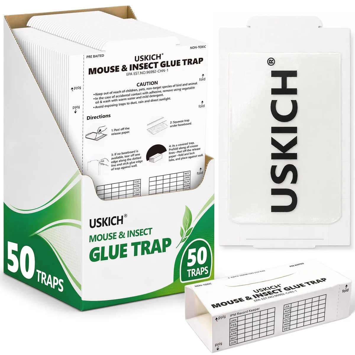 Pack of 50 flat rectangular glue boards with peel-off backing, light tan adhesive surface, shown folded and flat