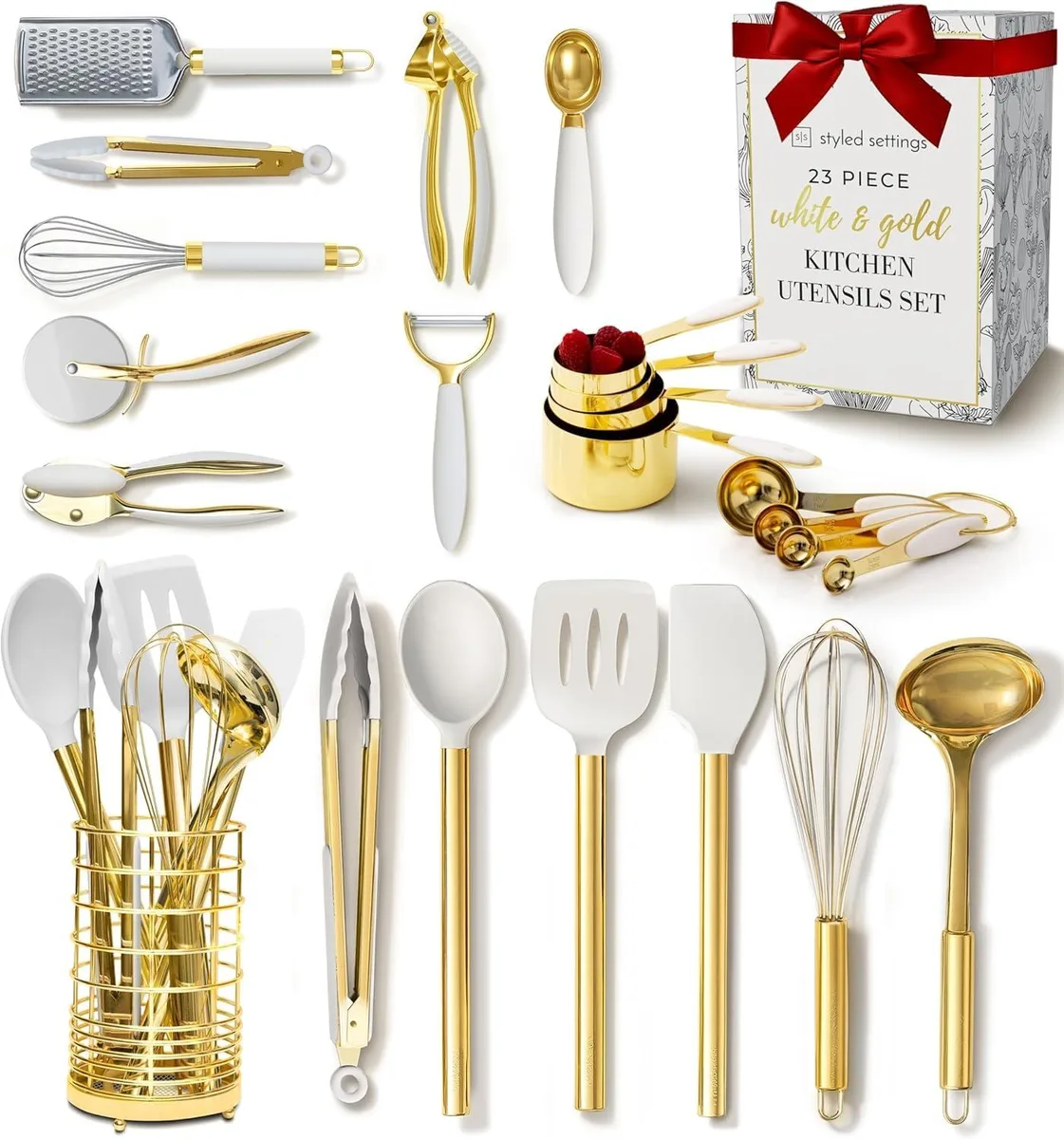 White and gold 23-piece utensil set with holder and measuring tools