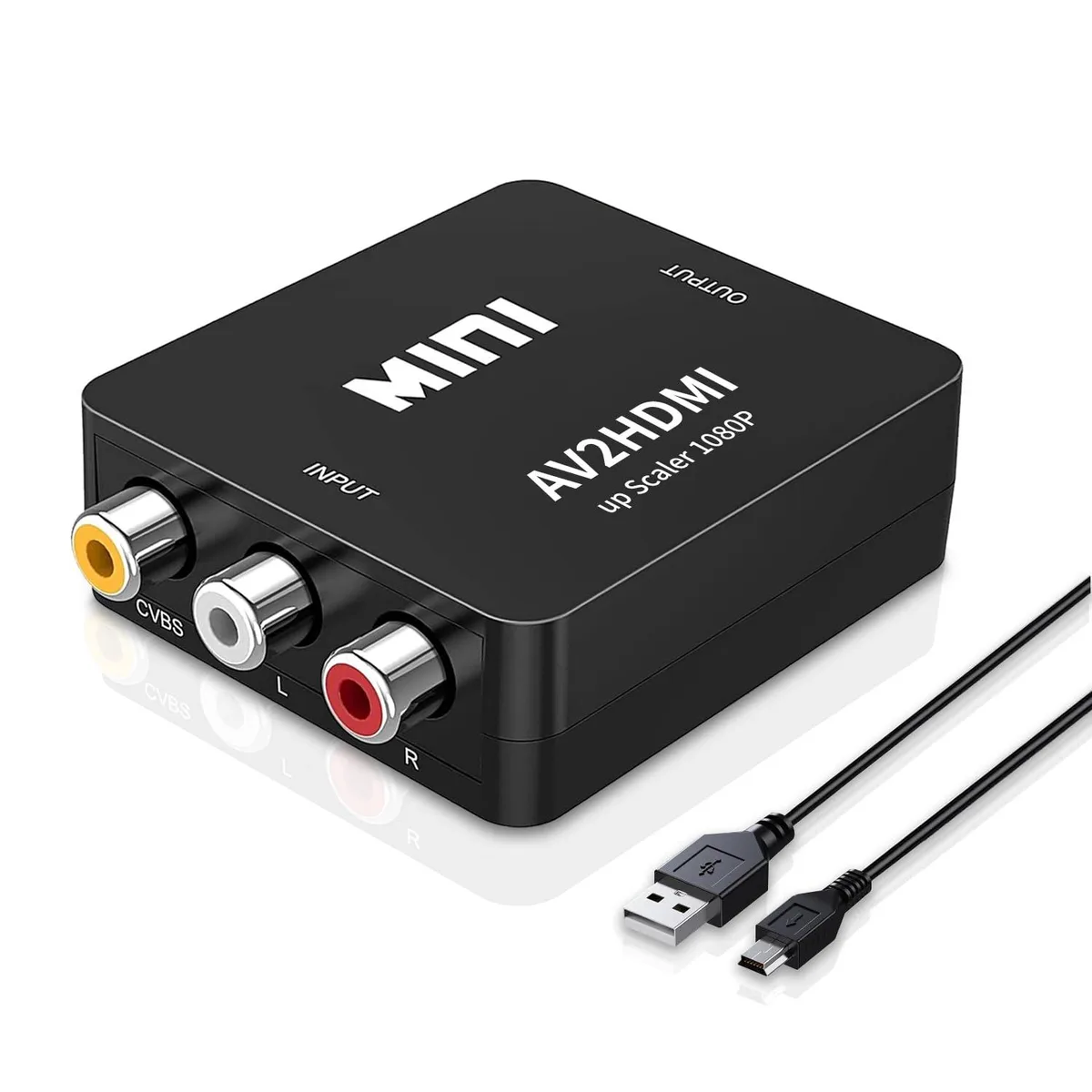 Small black box with red white yellow RCA ports HDMI output micro USB power port
