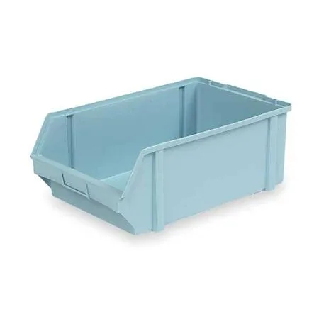 Light blue rectangular plastic storage bin with label holder 7 inches high