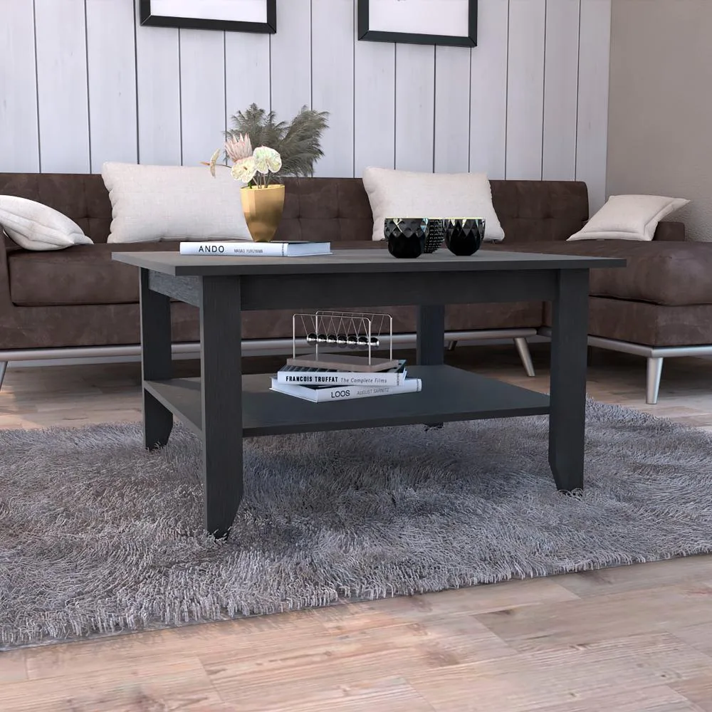 Black rectangular coffee table with four legs and a lower shelf, particle board finish