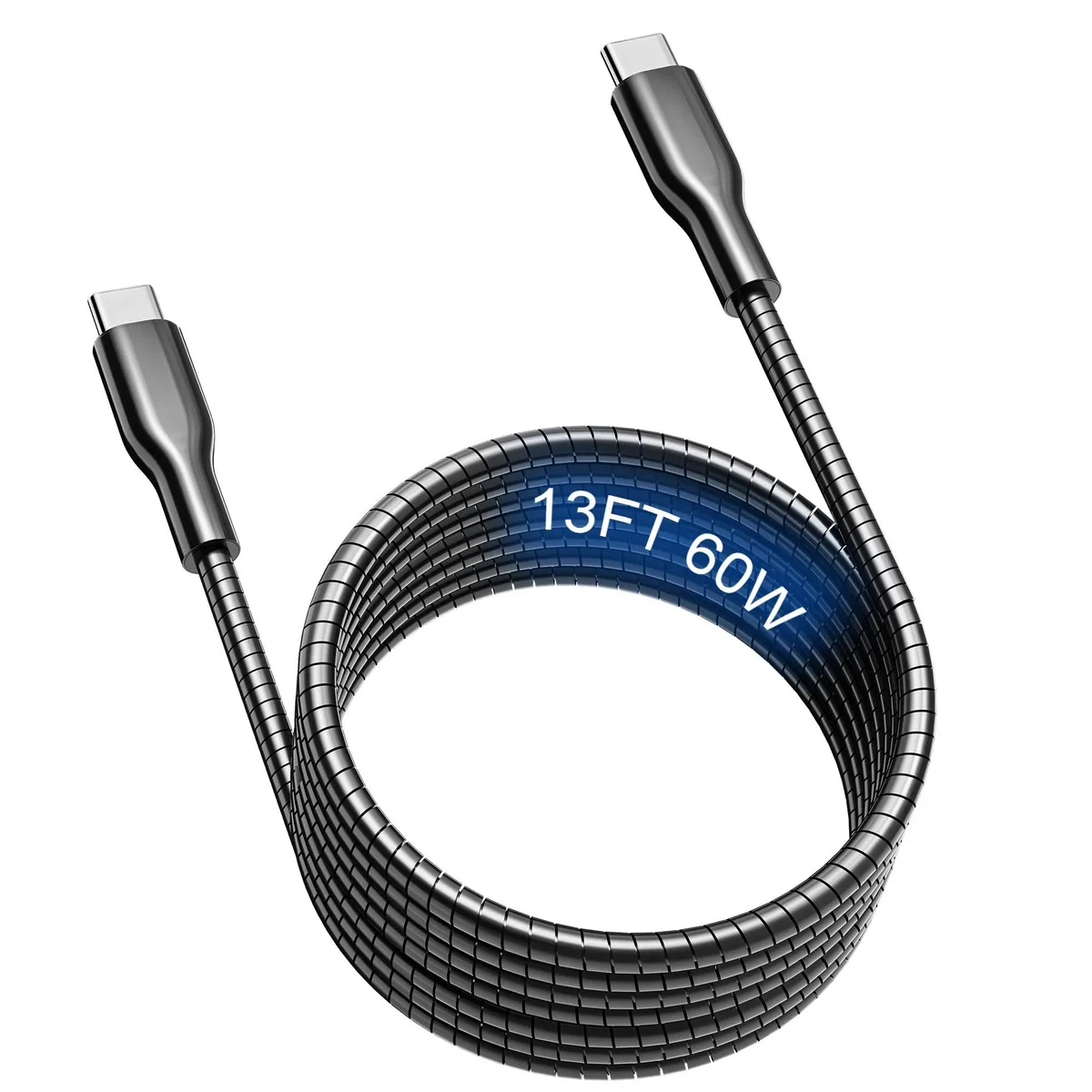 13-foot orange metal-braided USB-C to USB-C cable with spring ends
