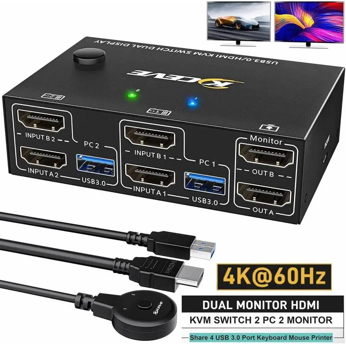 Vszerda Vszerda 2×2 HDMI KVM Switch 4K 60 Hz 4×USB 3.0 Wired Remote — product photo