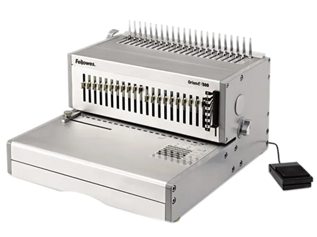 Gray electric comb binding machine with foot pedal and built-in comb storage tray