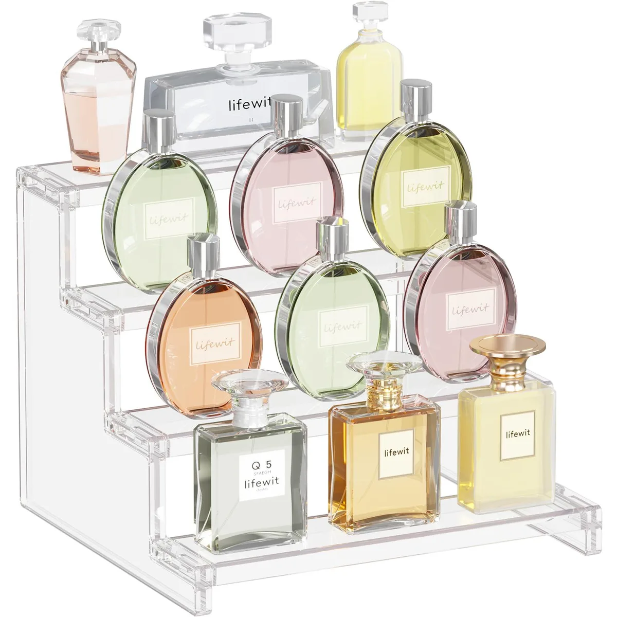 Clear four-tier display riser, 9 inch wide, transparent plastic shelves