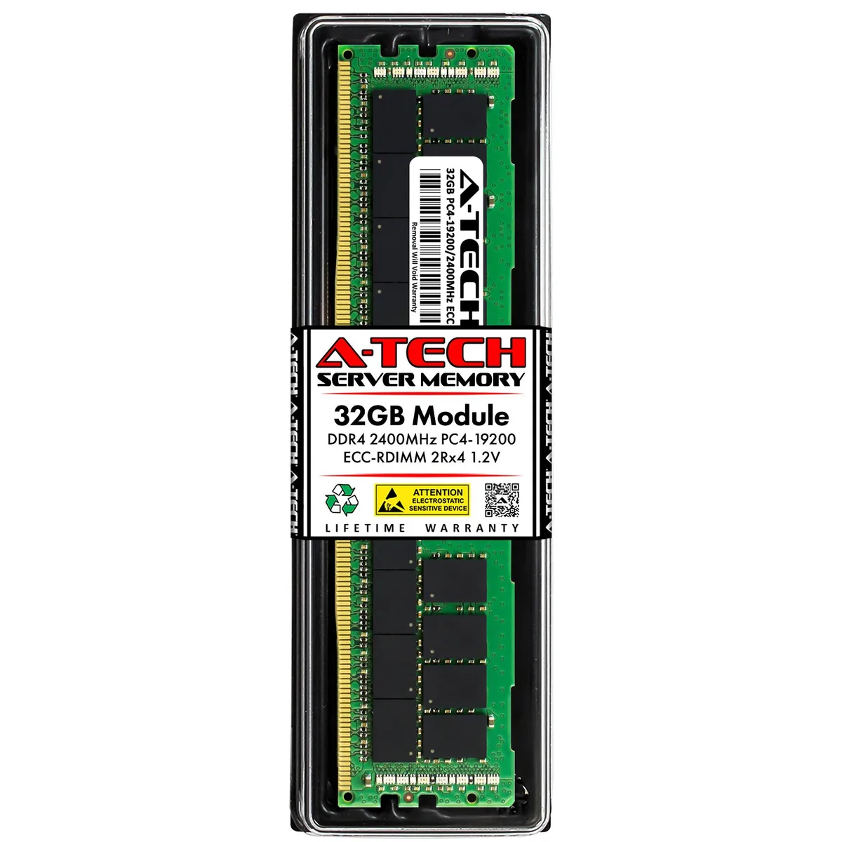 Green rectangular DDR4 DIMM with black chips and gold contacts