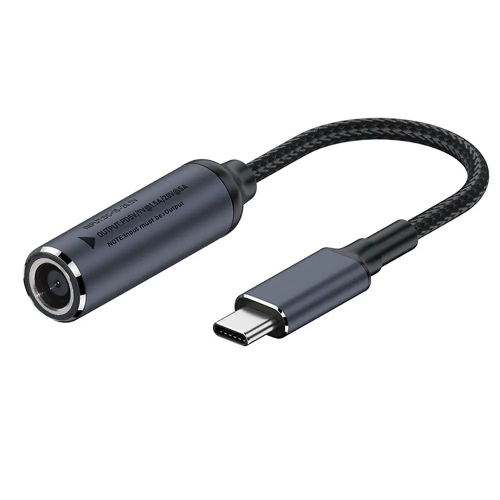 Short braided cable with a DC barrel connector and a USB-C plug