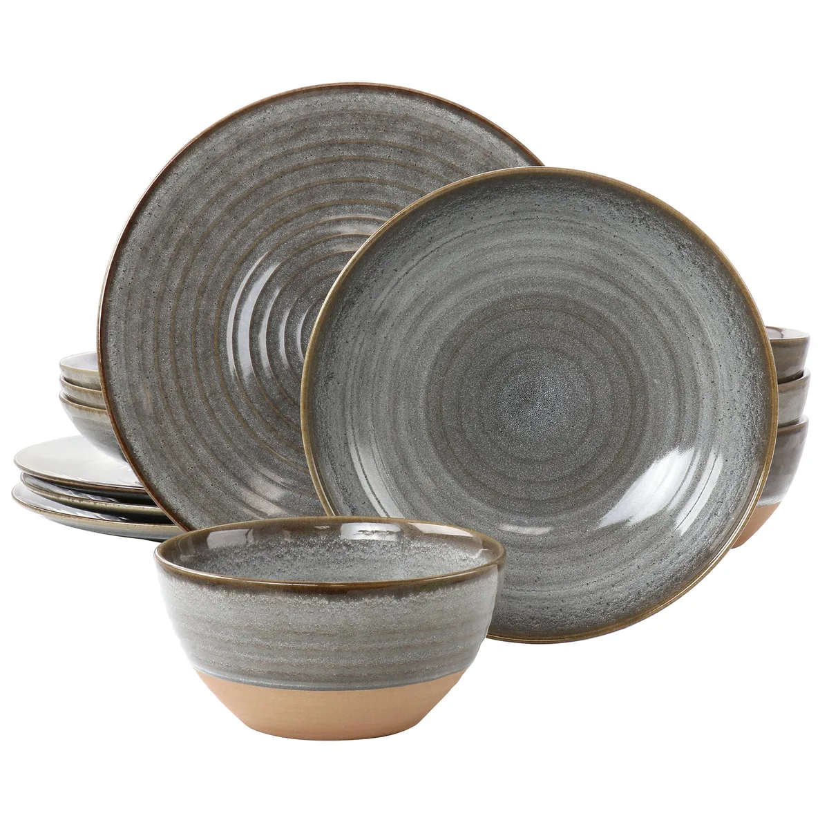 Gibson Elite 12-piece round earthenware dinnerware set in gray with reactive glaze finish