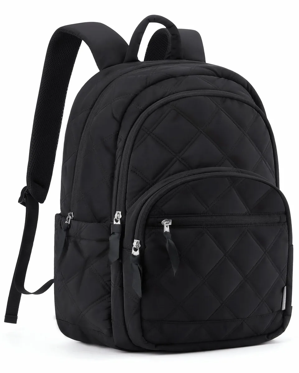 Beige quilted polyester laptop backpack with padded straps and front zip pocket