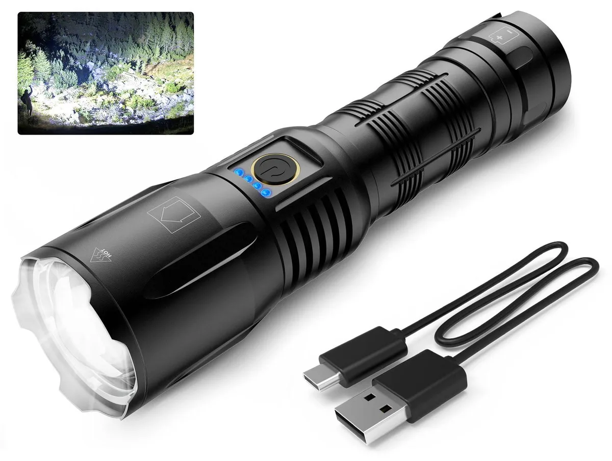Black cylindrical LED flashlight with textured grip and lanyard loop