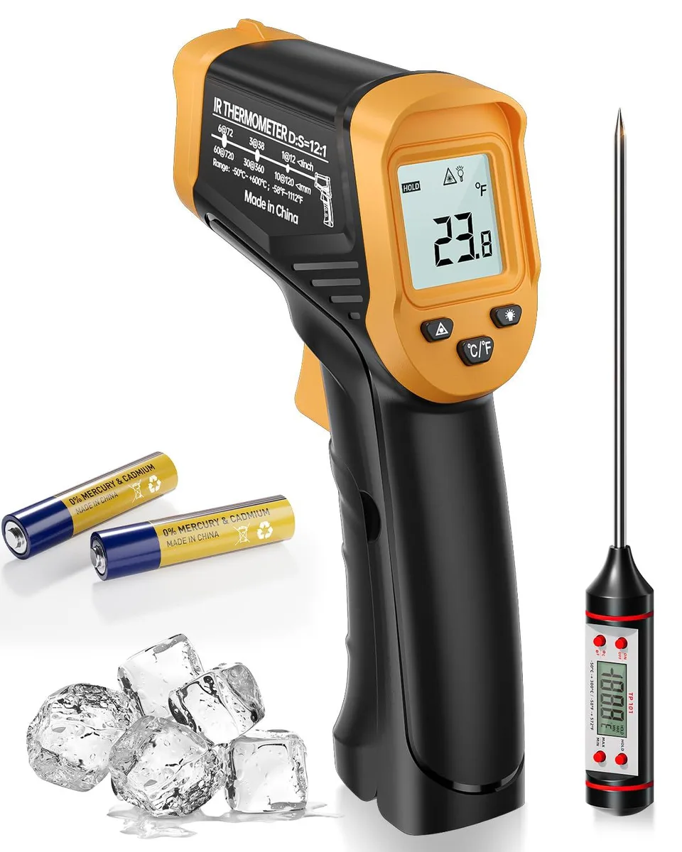 Grey infrared thermometer gun with laser pointer and fold-out stainless steel probe
