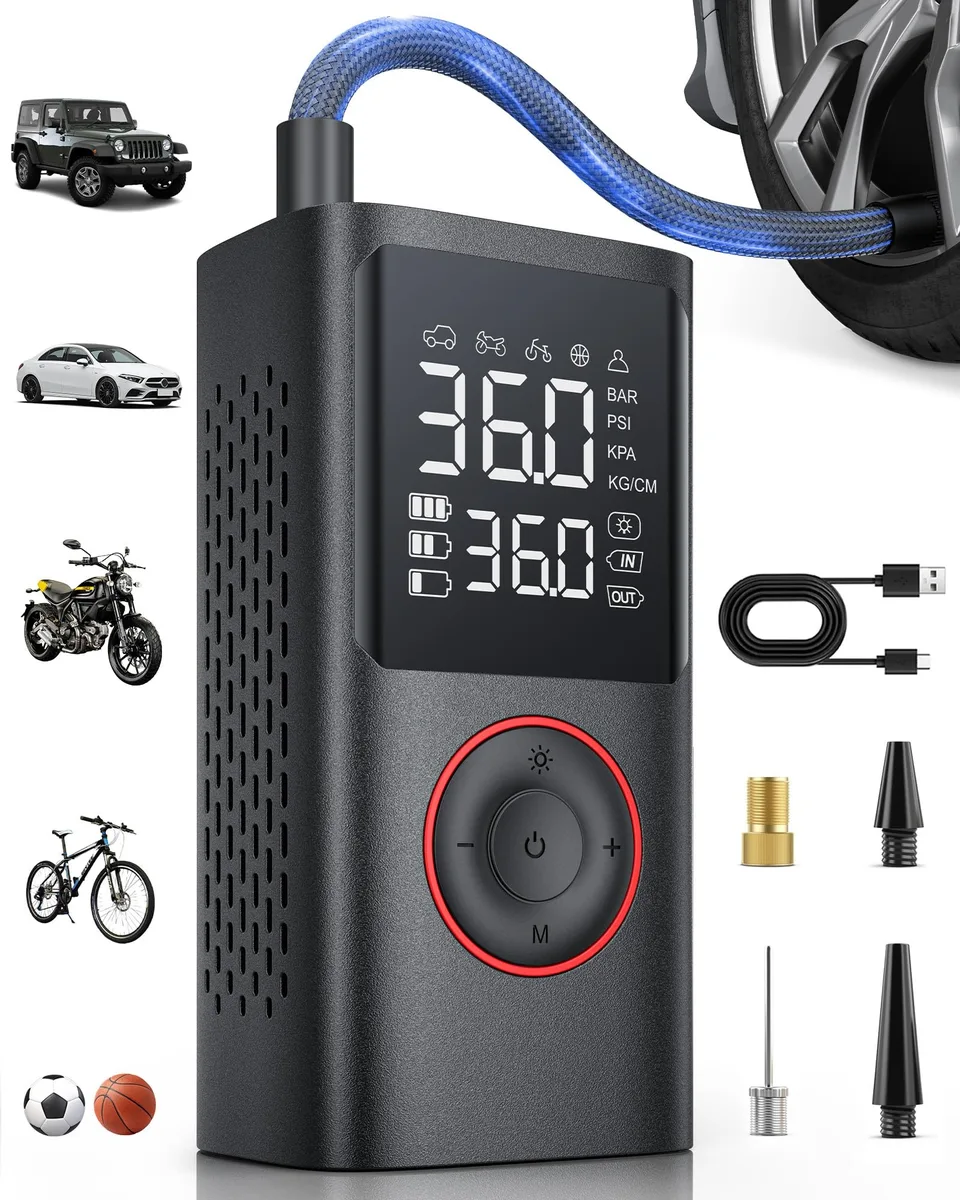 Black cordless tire inflator with pressure gauge and LED light