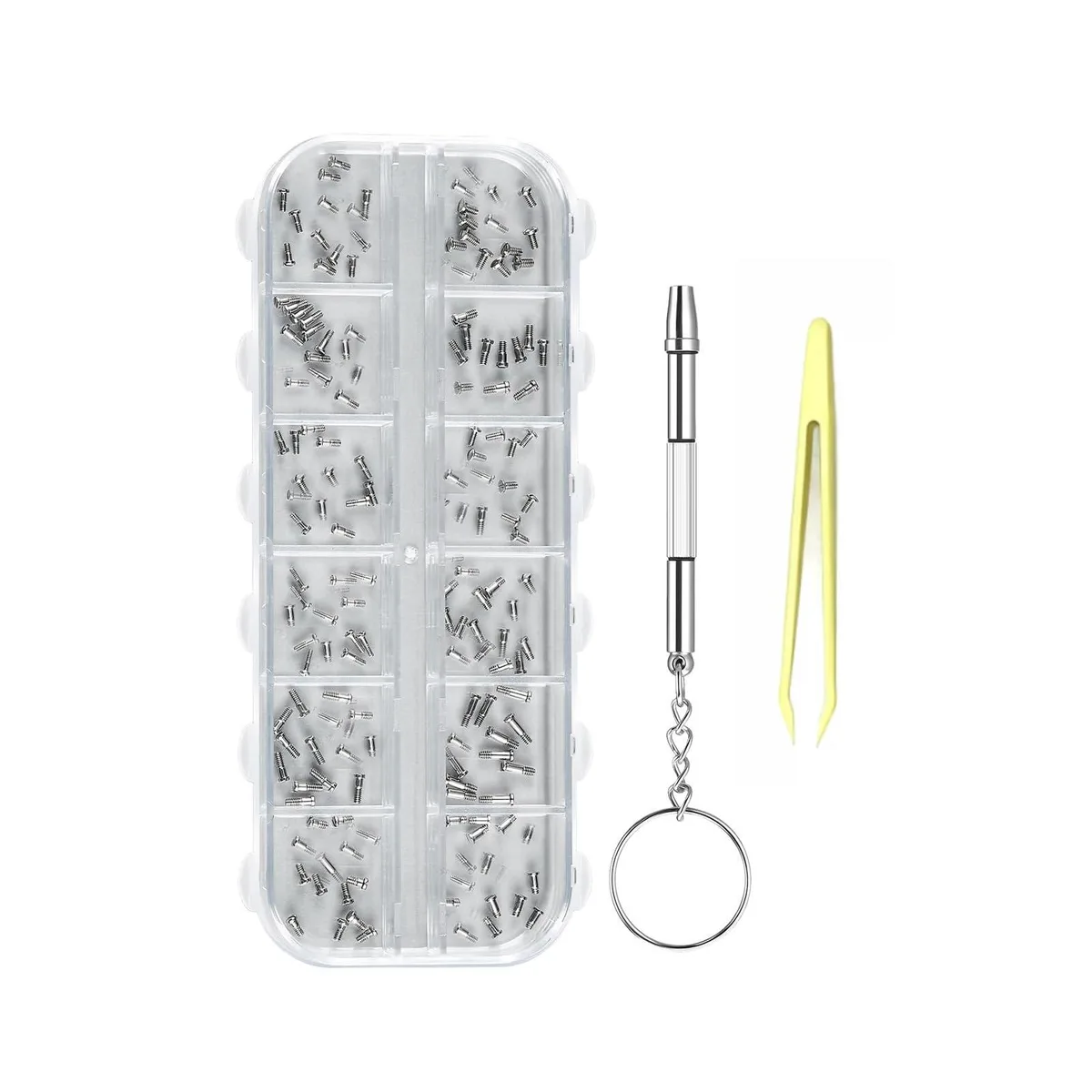 Compact boxed kit with 360 stainless screws in 12 sizes, screwdriver and plastic tweezers