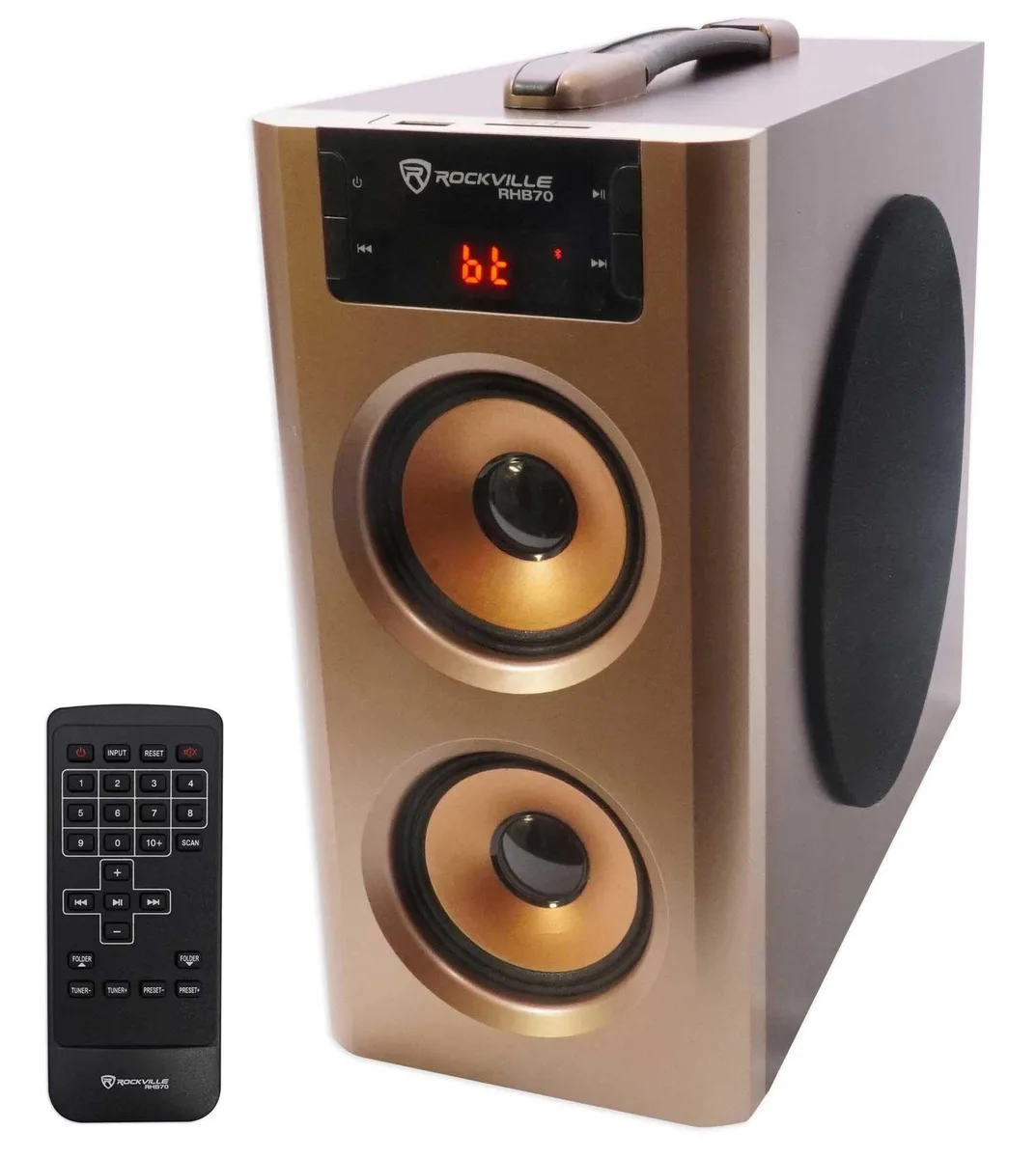 Compact 2.1 speaker system in cherry wood finish with subwoofer and two satellite speakers